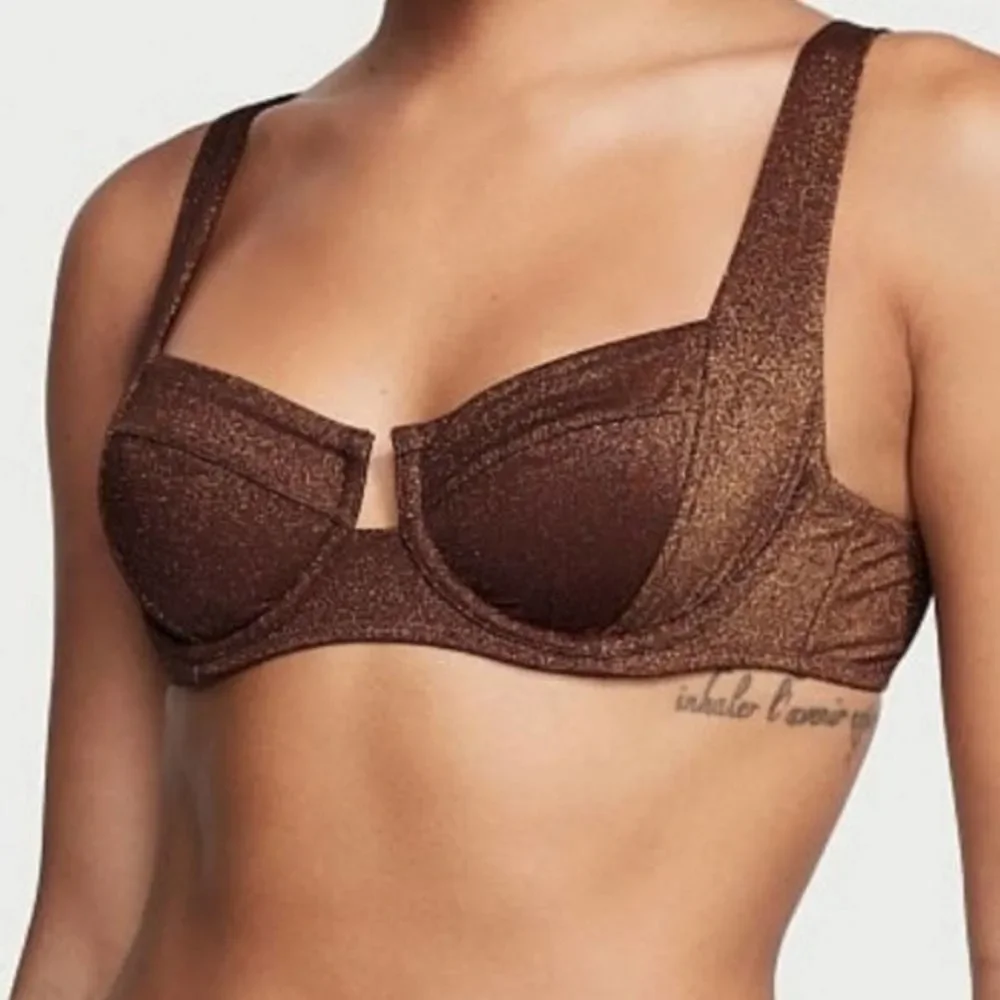 Victoria's Secret bikini top lace up tie in back Lurex Truffle Shimme
